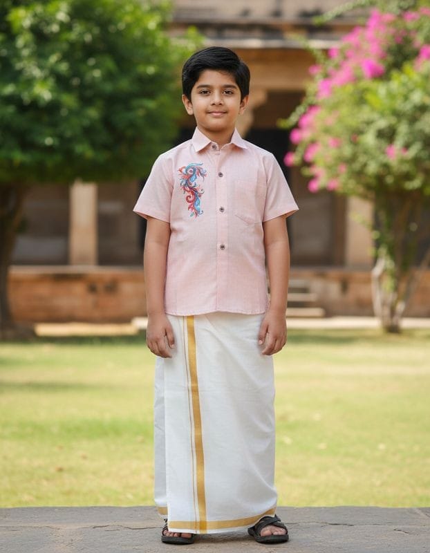 Boys Traditional Print Shirt and Mundu Combo Copper